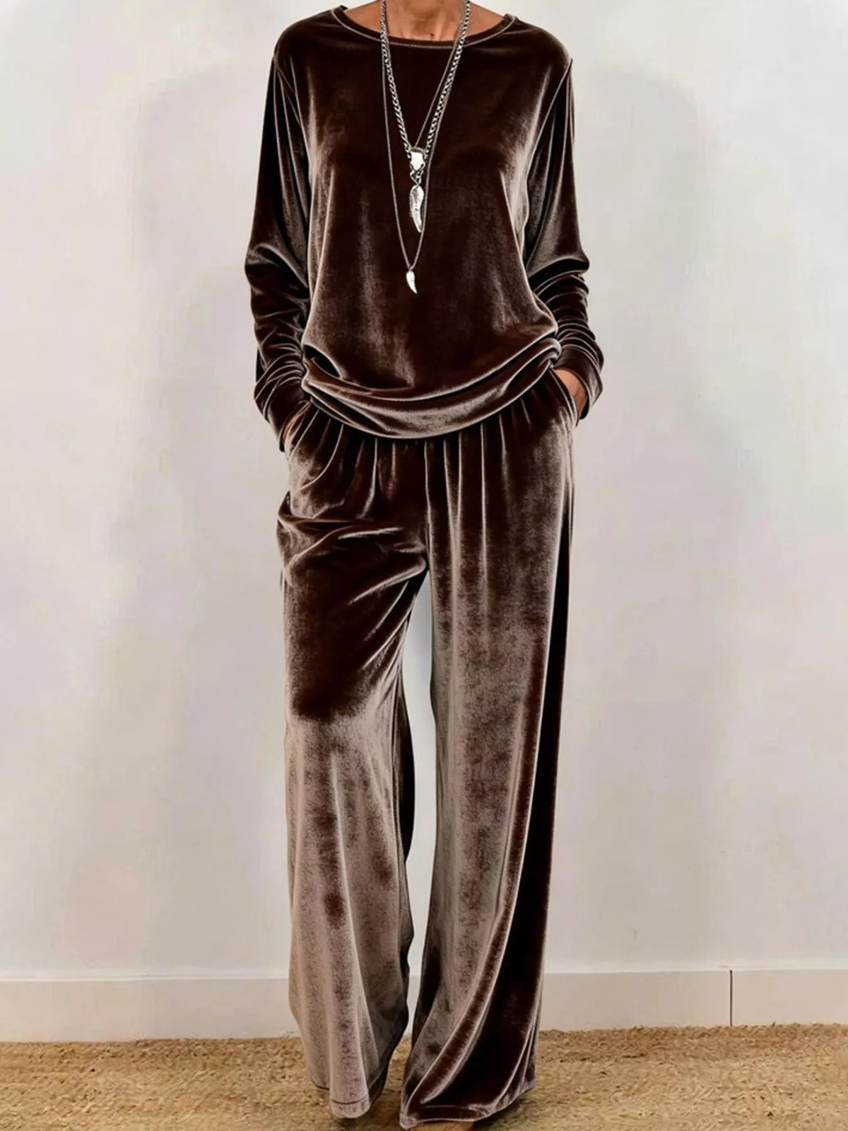 Velvet Long Sleeve Top and Wide-Leg Pants Set — front view