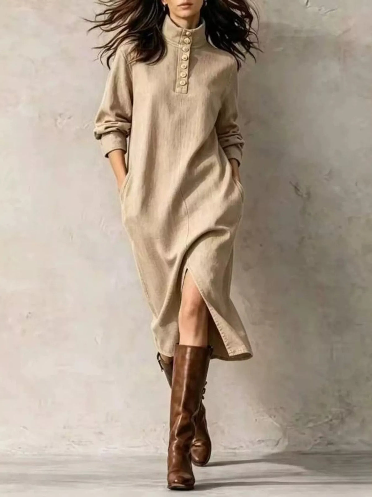 Mandarin neck long sleeve midi dress, front view on model