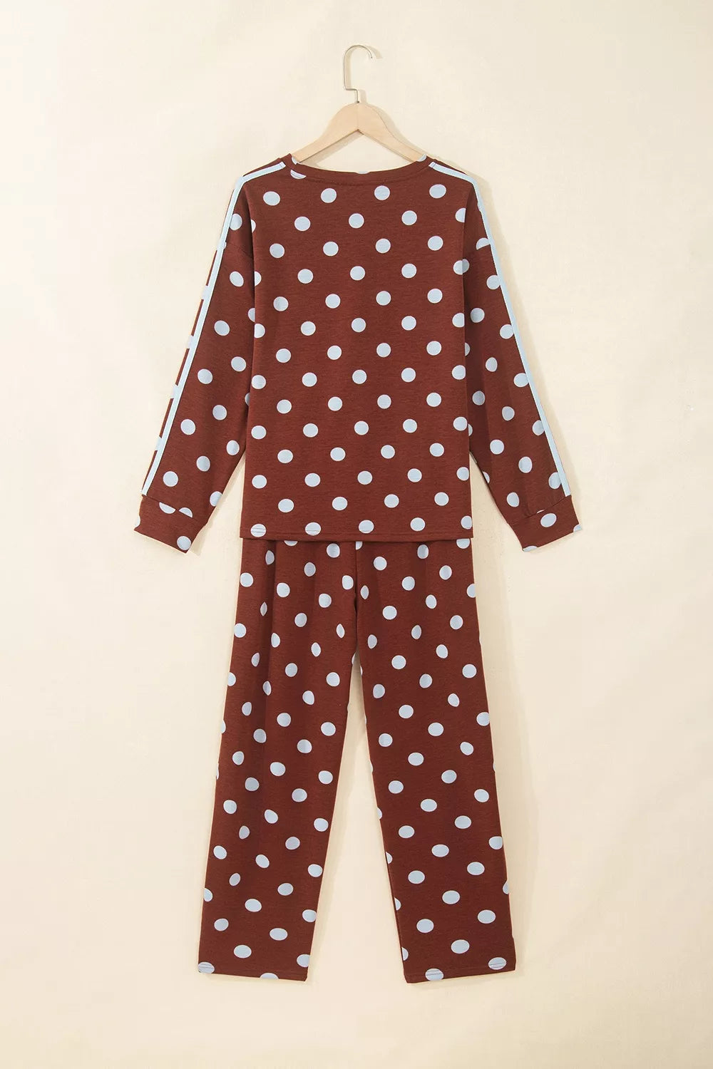 Brown polka dot side-stripe top and pants set, back view