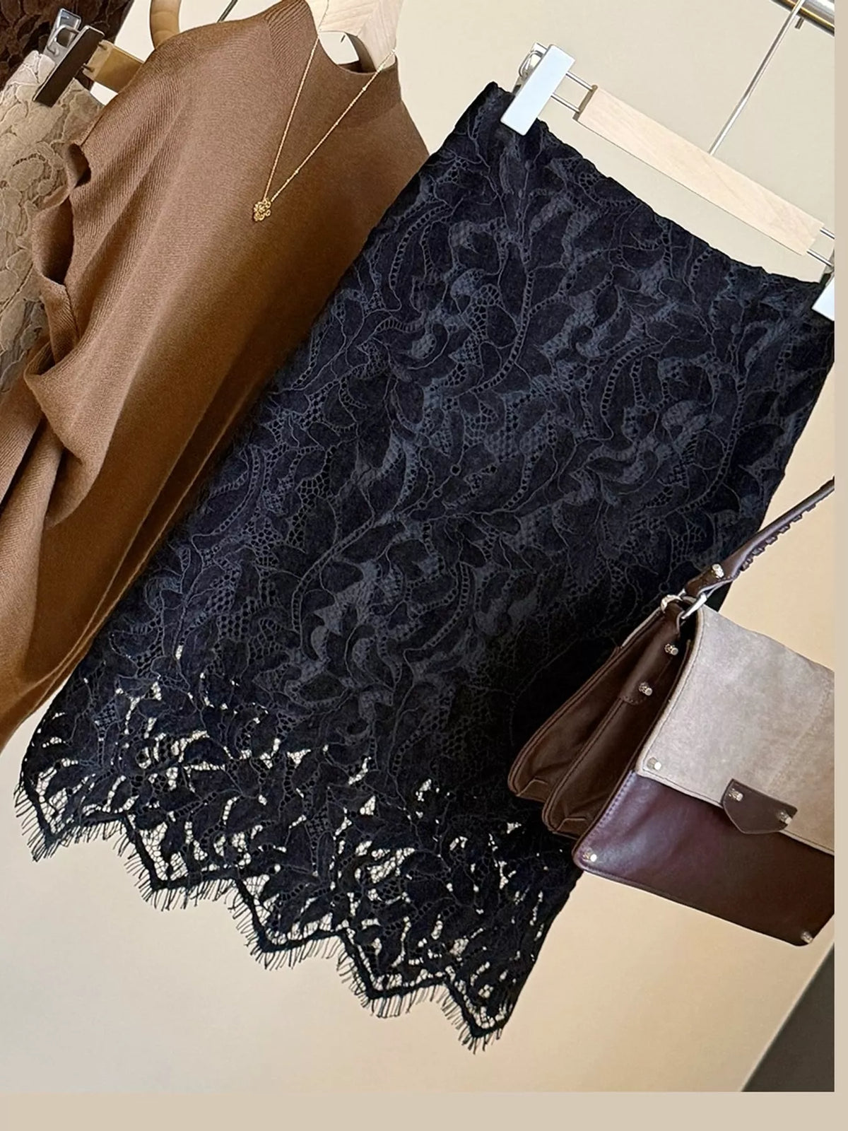 Black high-waisted lace skirt