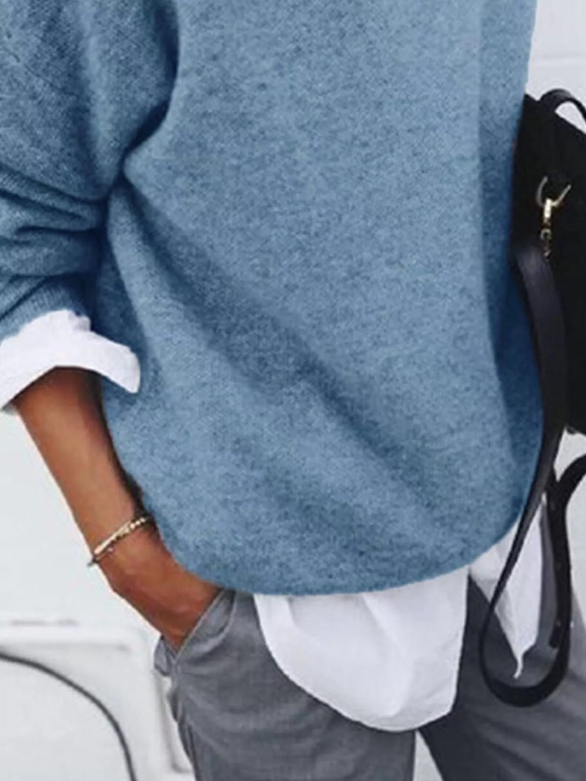 Dusty Blue Round Neck Long Sleeve Sweater detail view