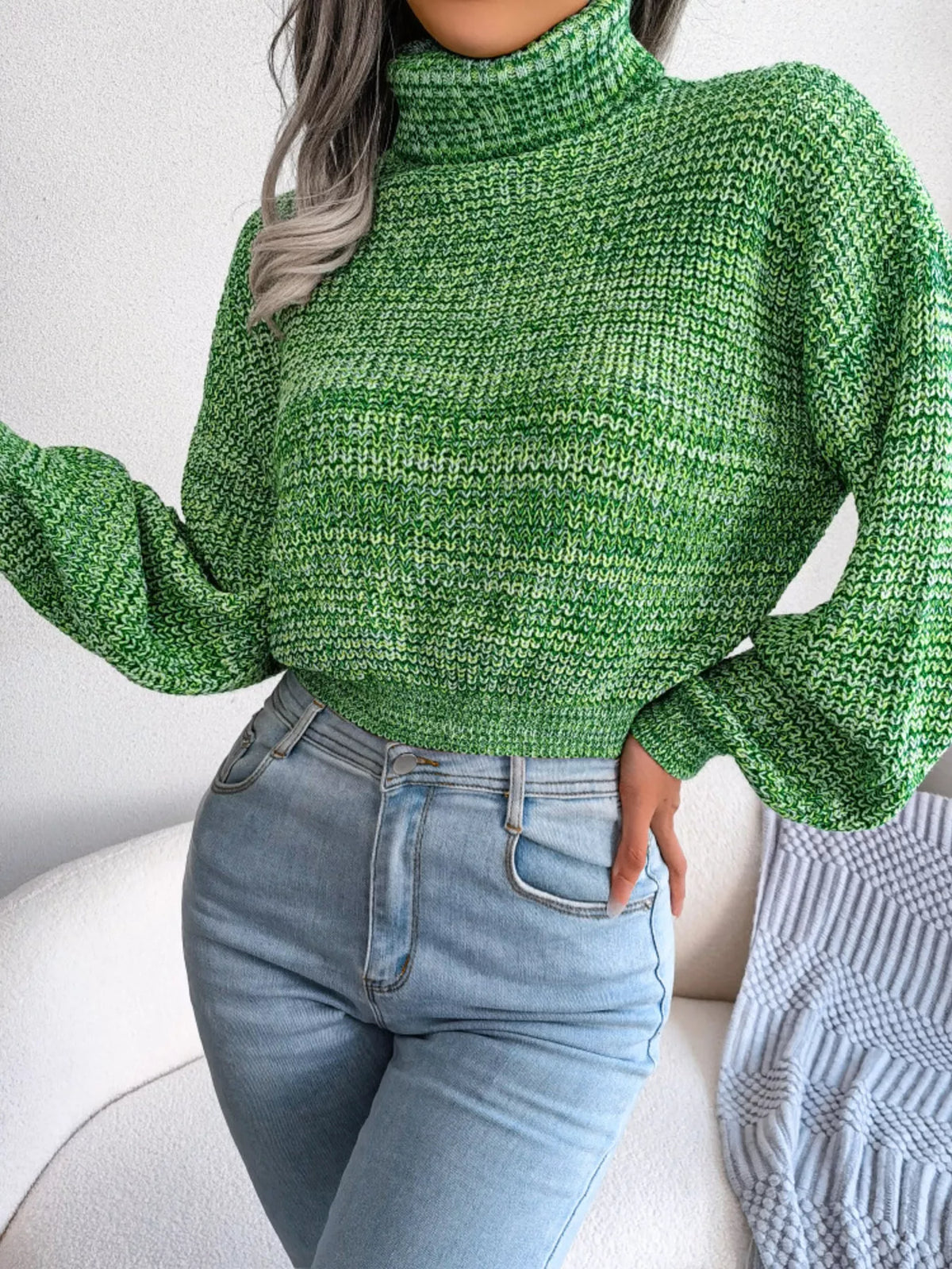 Turtleneck Dropped Shoulder Sweater in green, front view