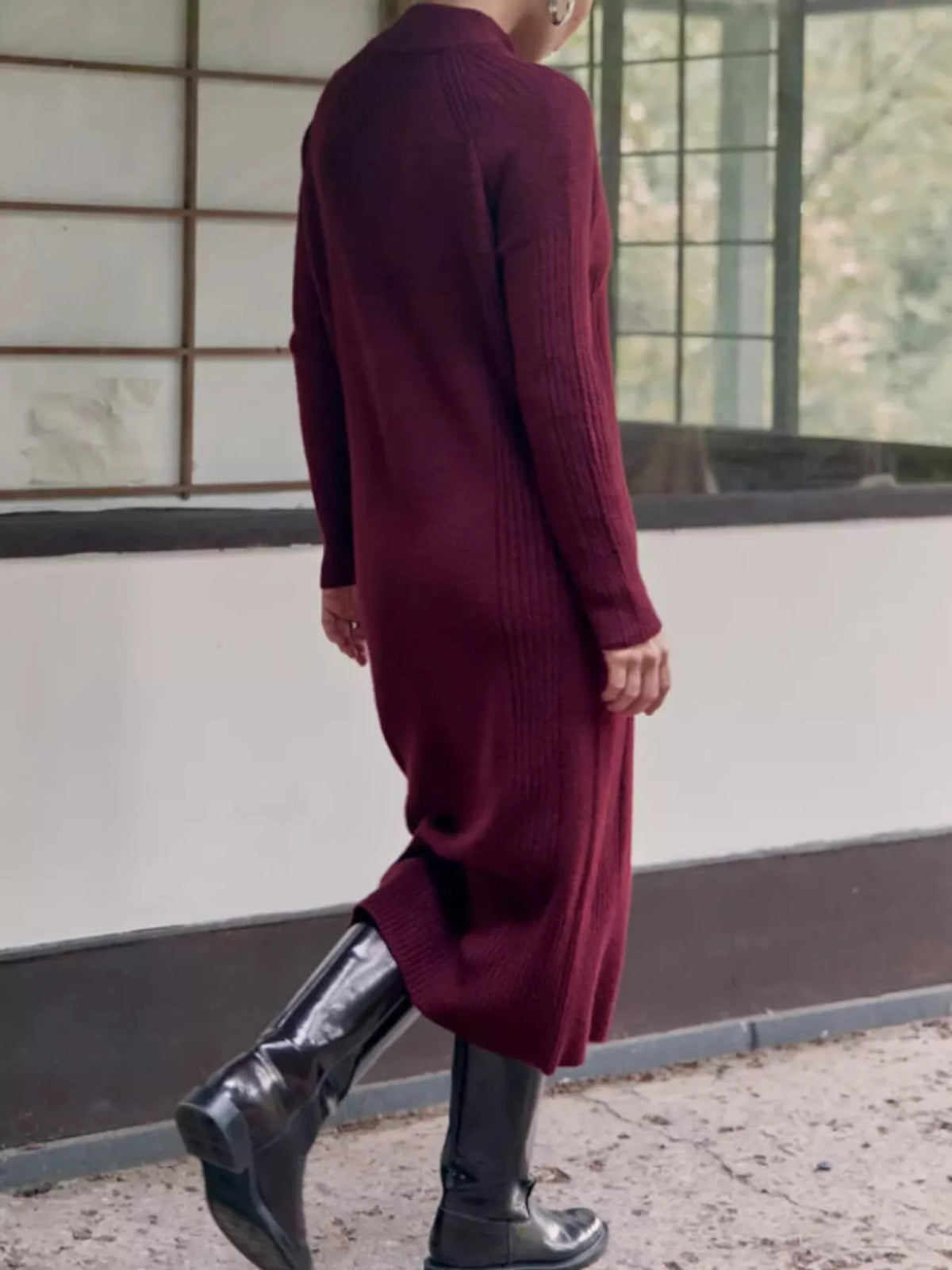 Burgundy half-zip ribbed knit sweater dress — back view
