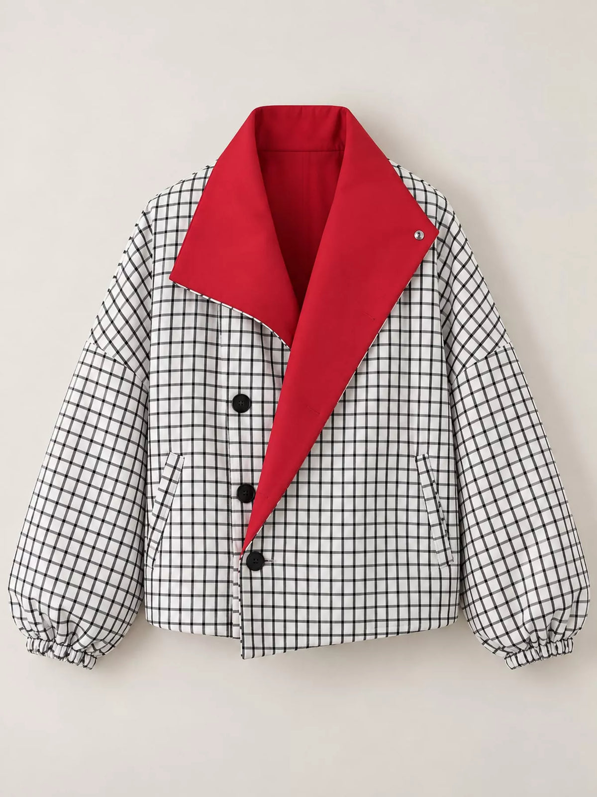 White and black check contrast lapel plaid jacket — front view