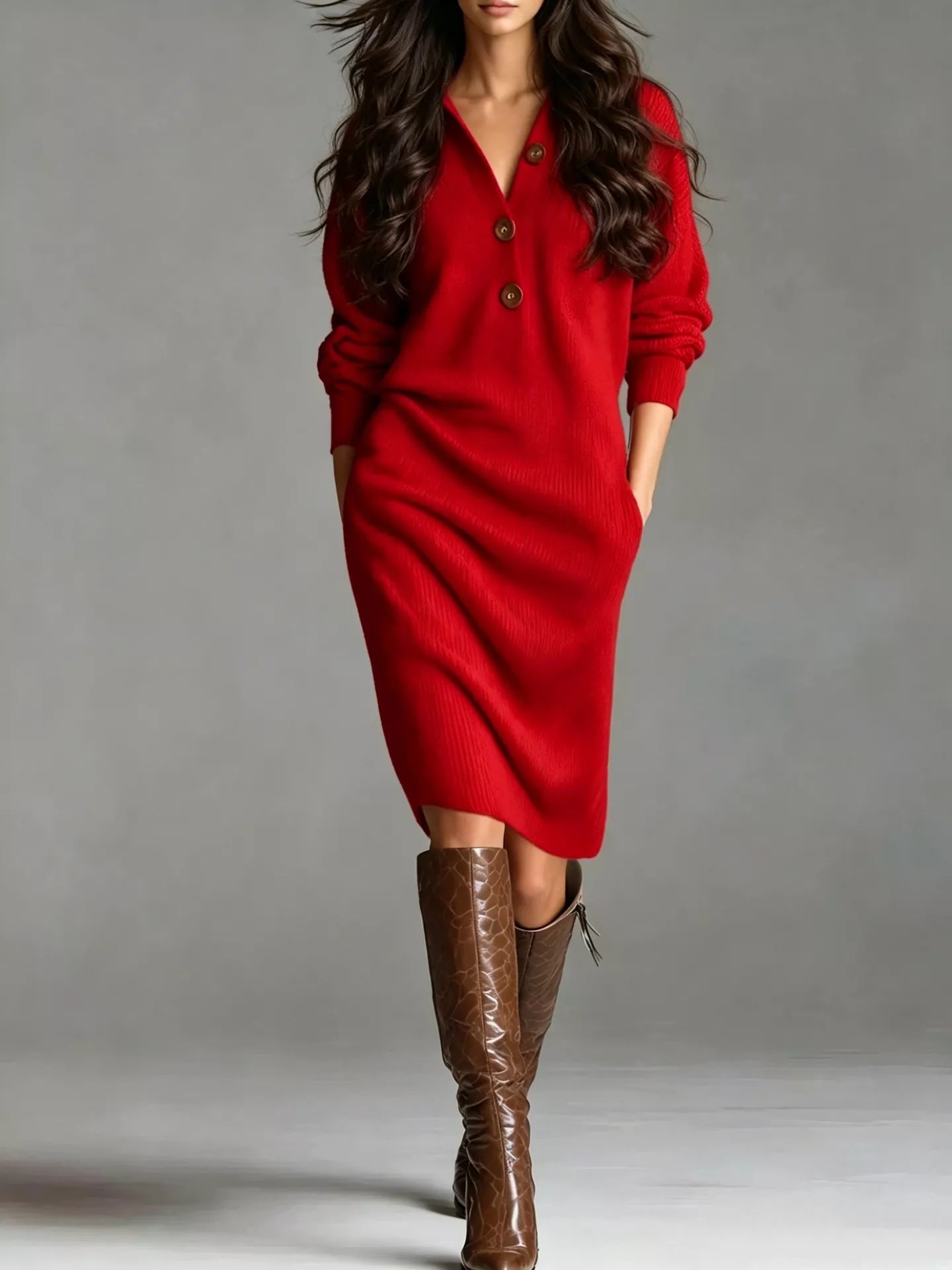 Trendsi V-Neck Half-Button Ribbed Knit Dress -