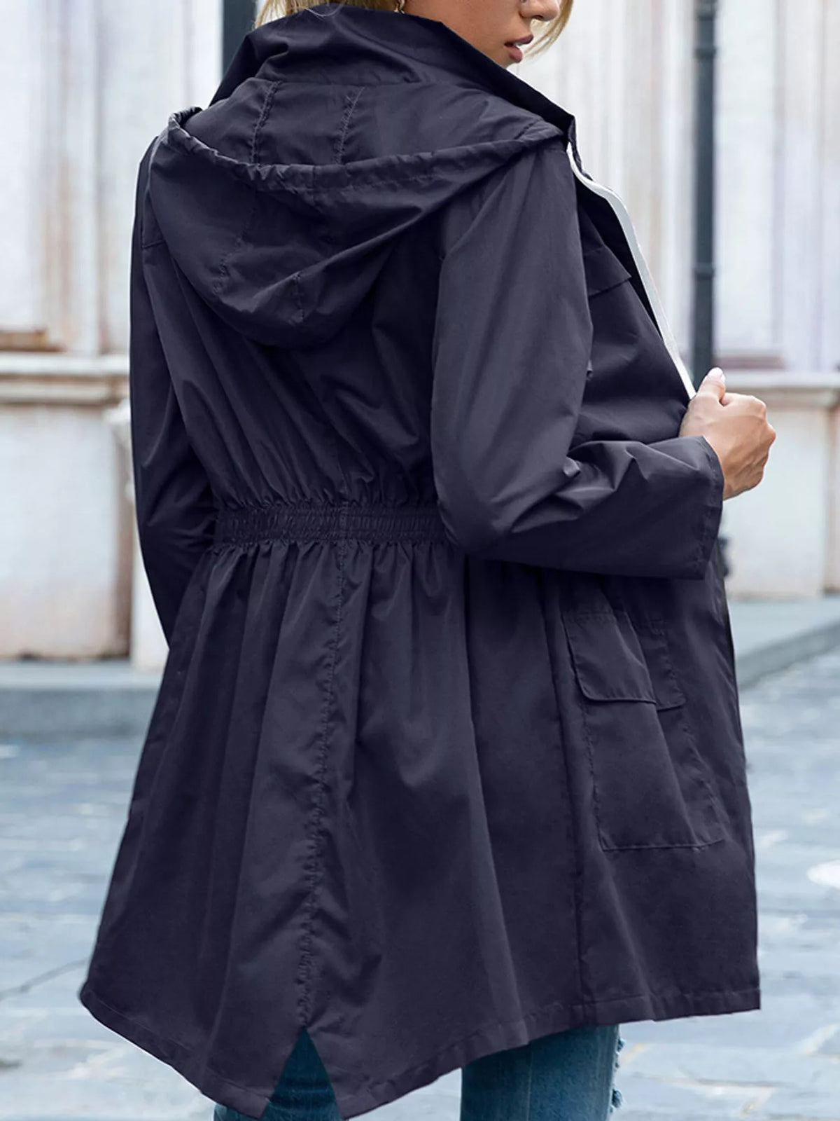 Women's Zip Up Drawstring Waist Hooded Jacket in navy — back view