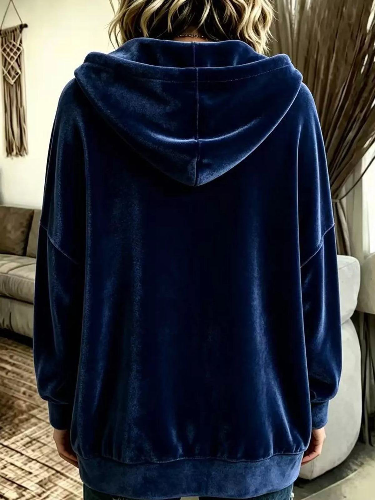 Navy blue velvet dropped shoulder hoodie, back view