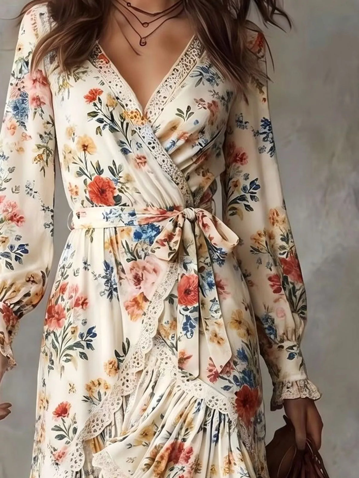 High-Low Hem Surplice Dress, detail view in cream