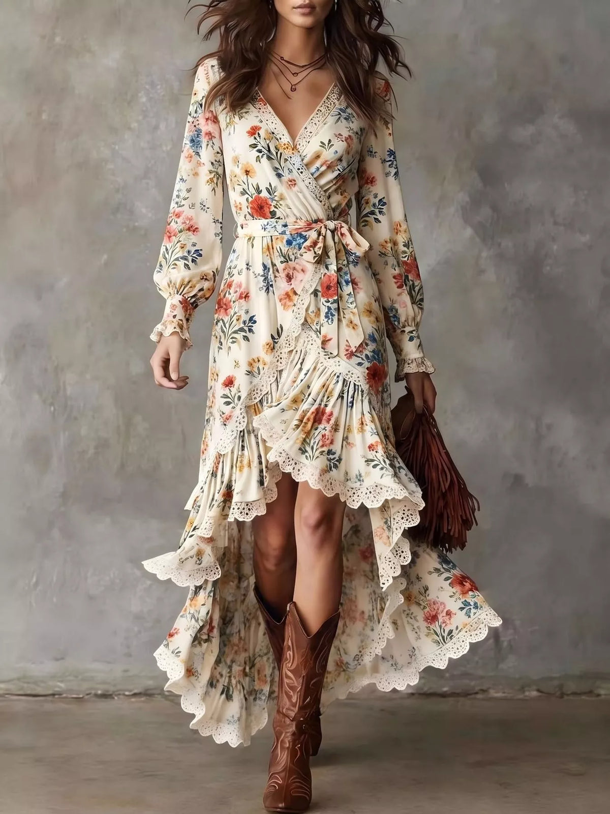 High-Low Hem Surplice Dress in floral print