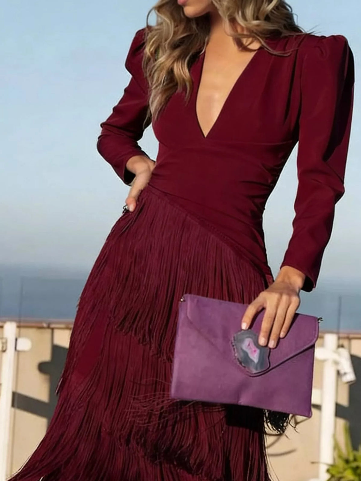 Women's Fringed V-Neck Puff Sleeve Midi Dress in burgundy — front view