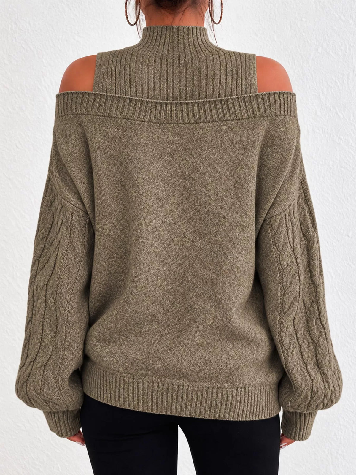 Taupe cold shoulder mock neck cable knit sweater, back view
