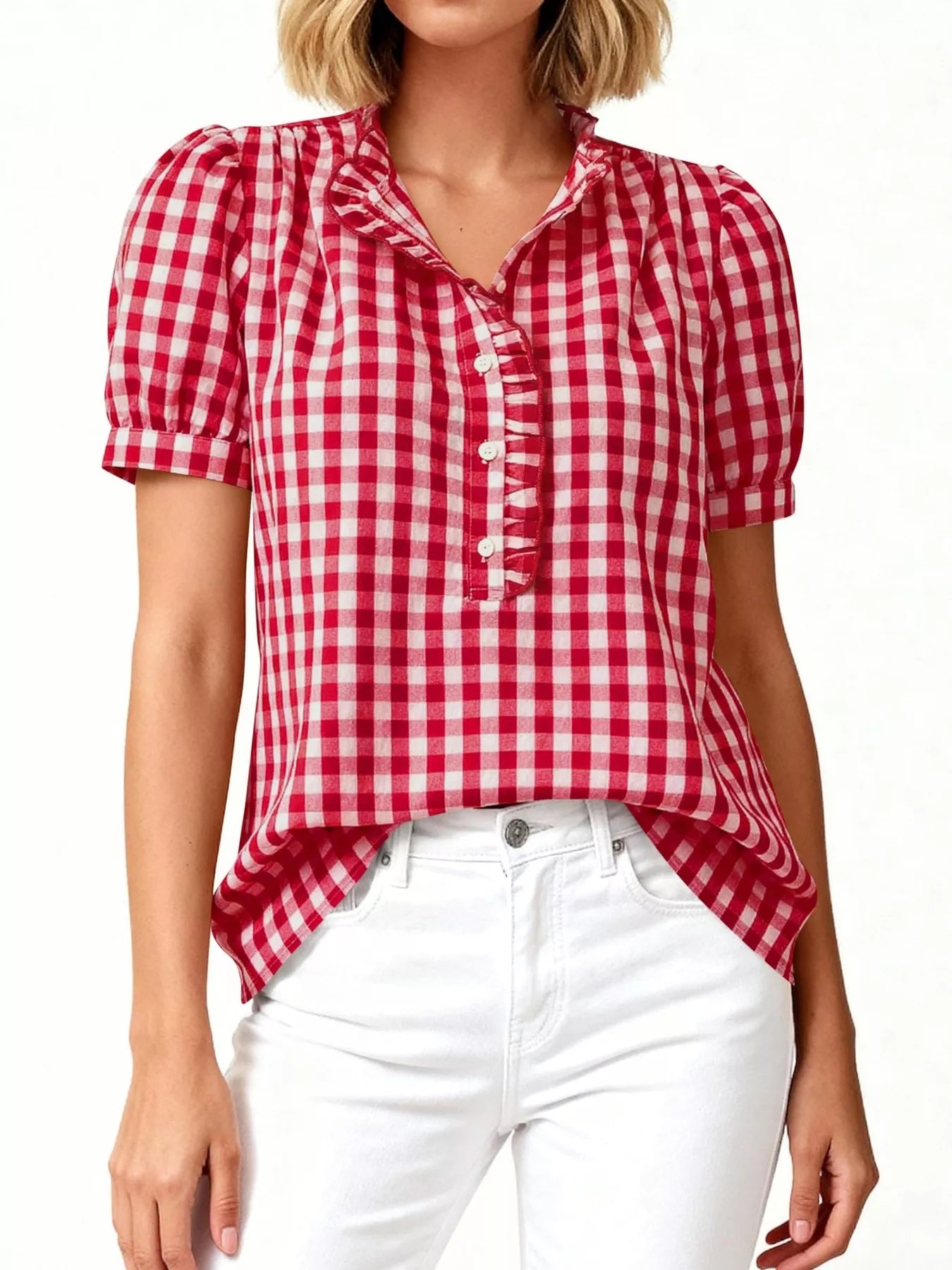 Trendsi Gingham Button Front Puff Sleeve Blouse -