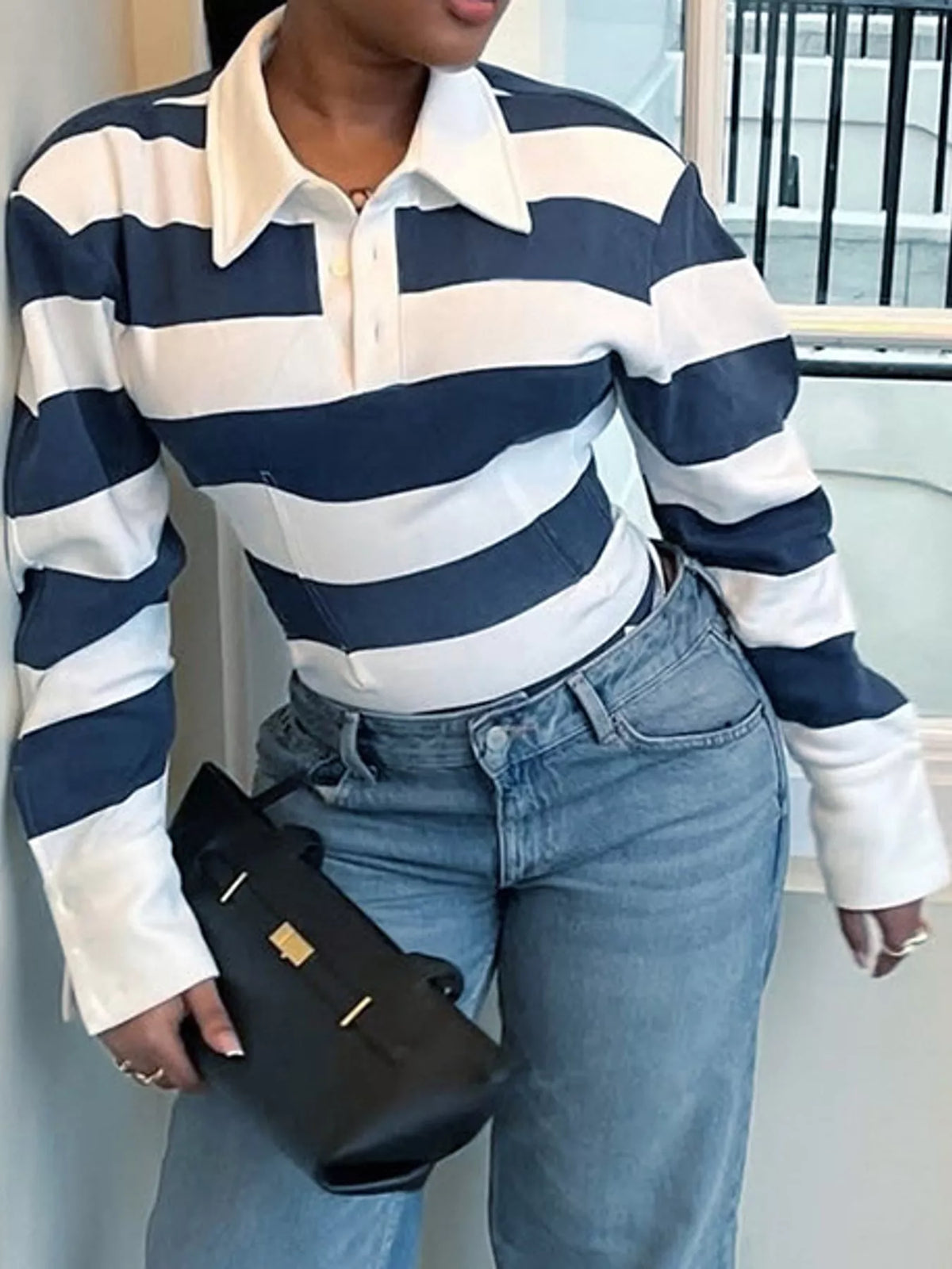 Collared long sleeve top, front view on model