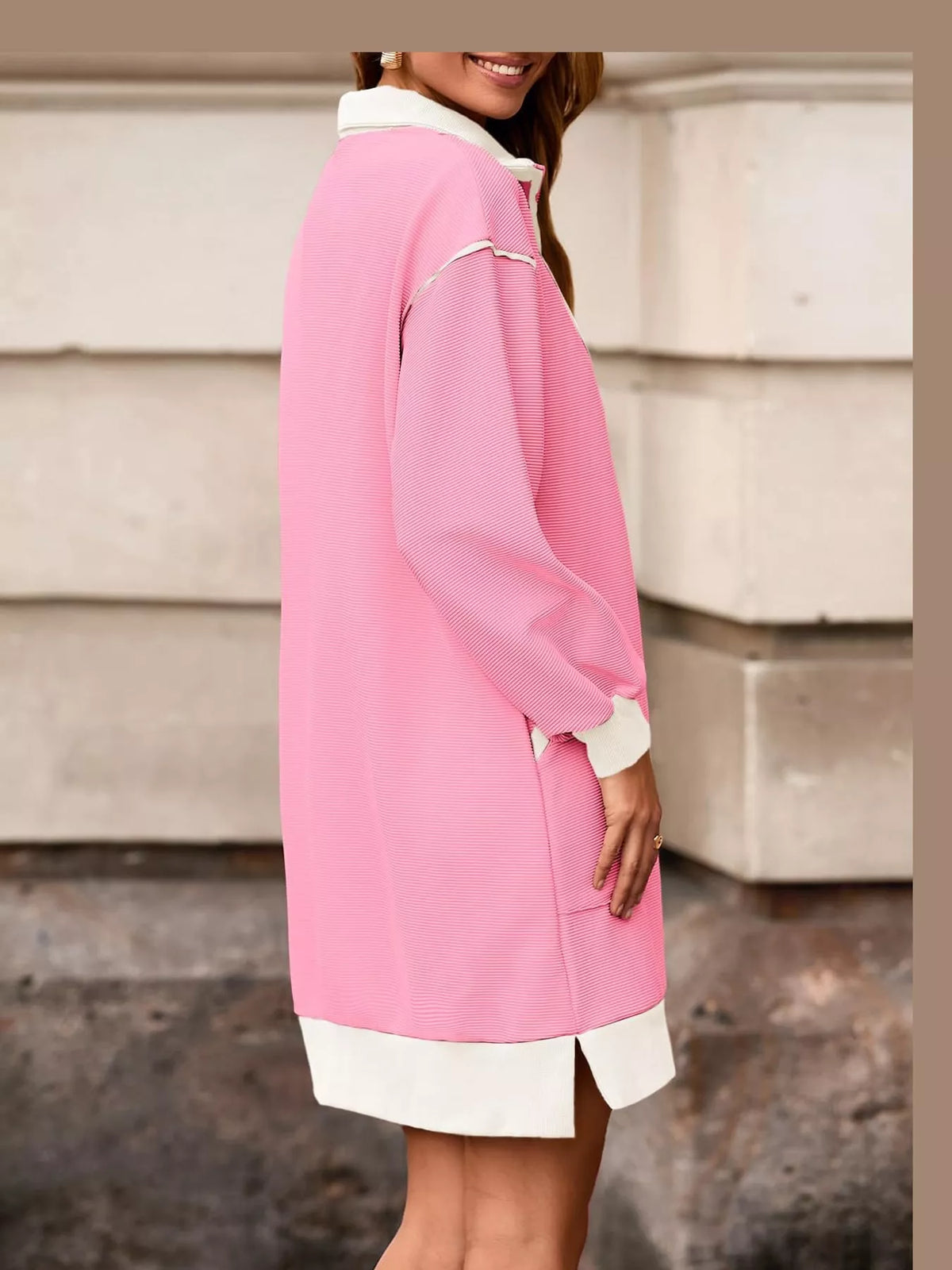 Pink color block quarter-zip sweatshirt dress — back view