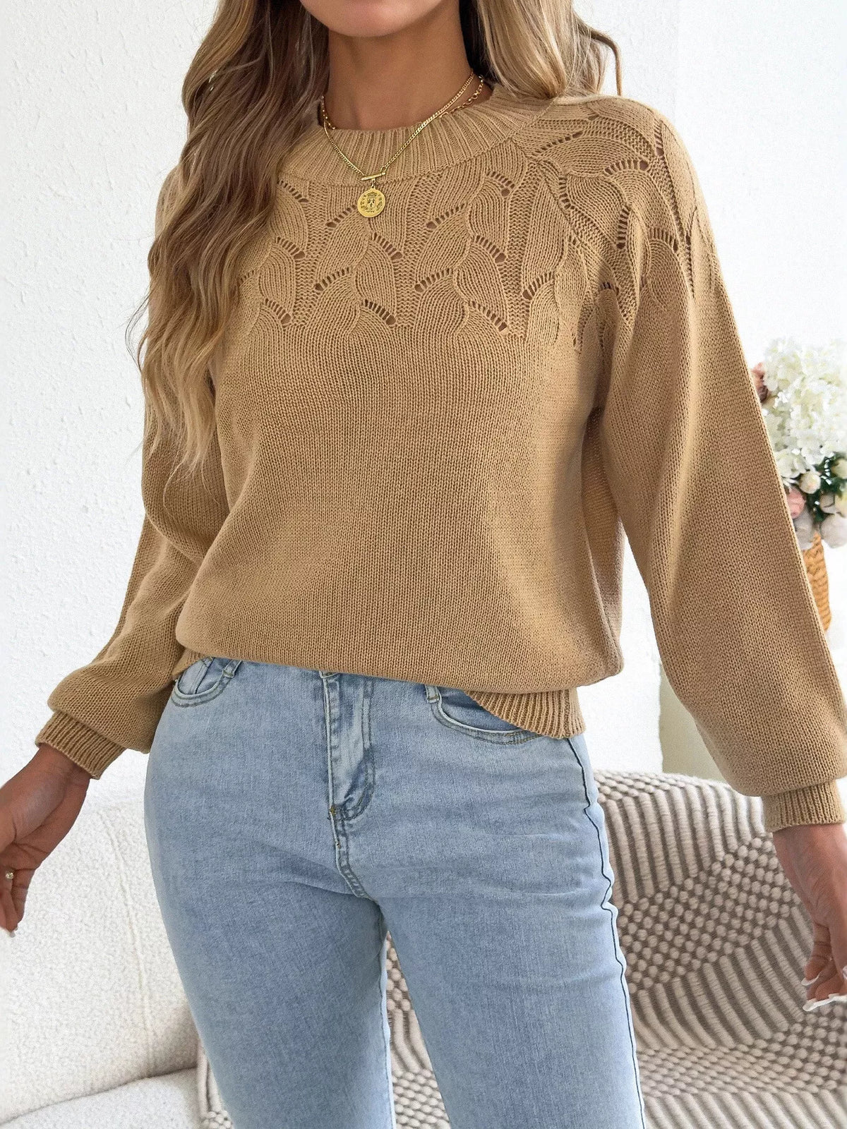 Khaki openwork crew neck sweater