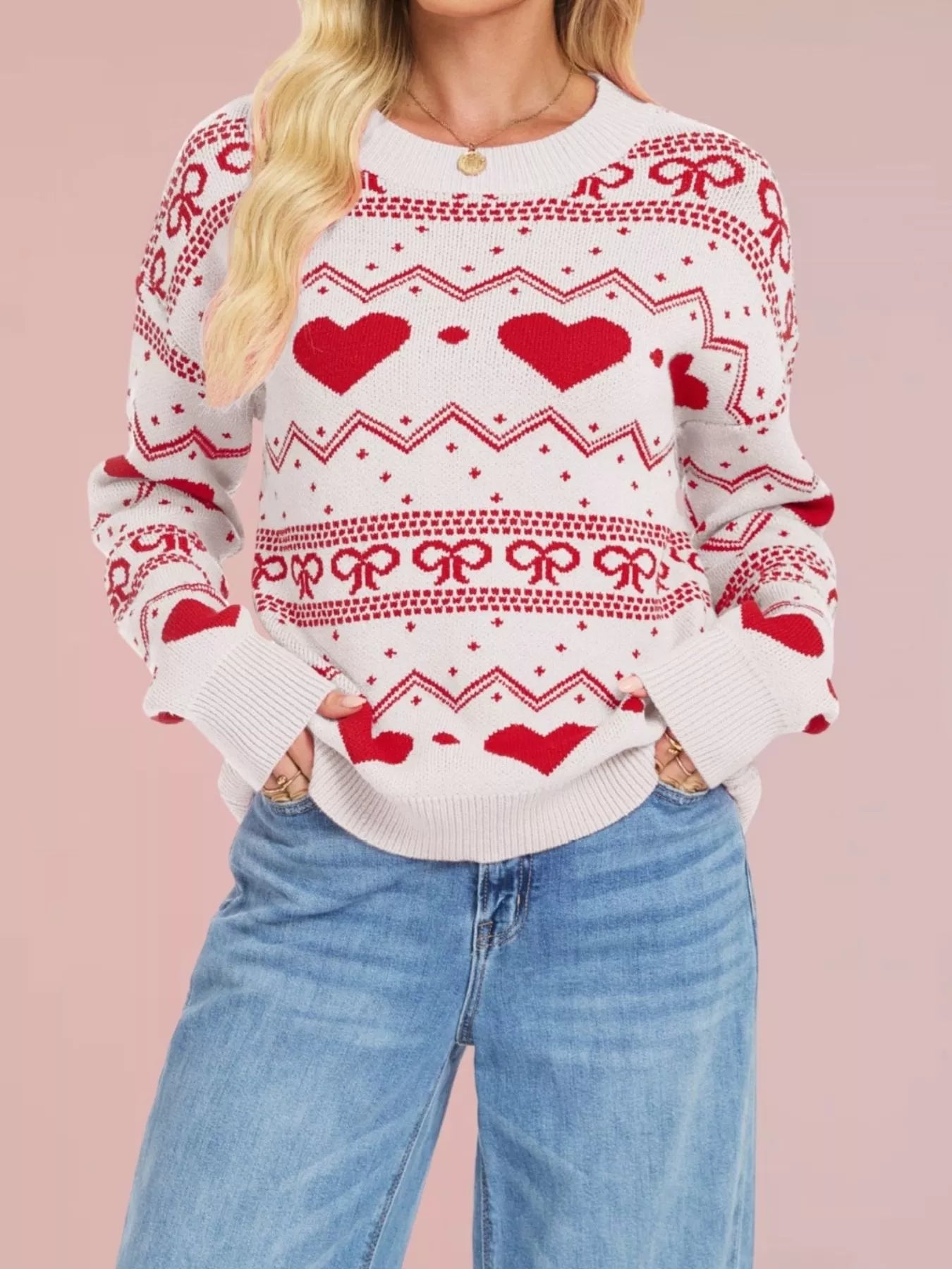 Trendsi Heart Pattern Dropped Shoulder Sweater -