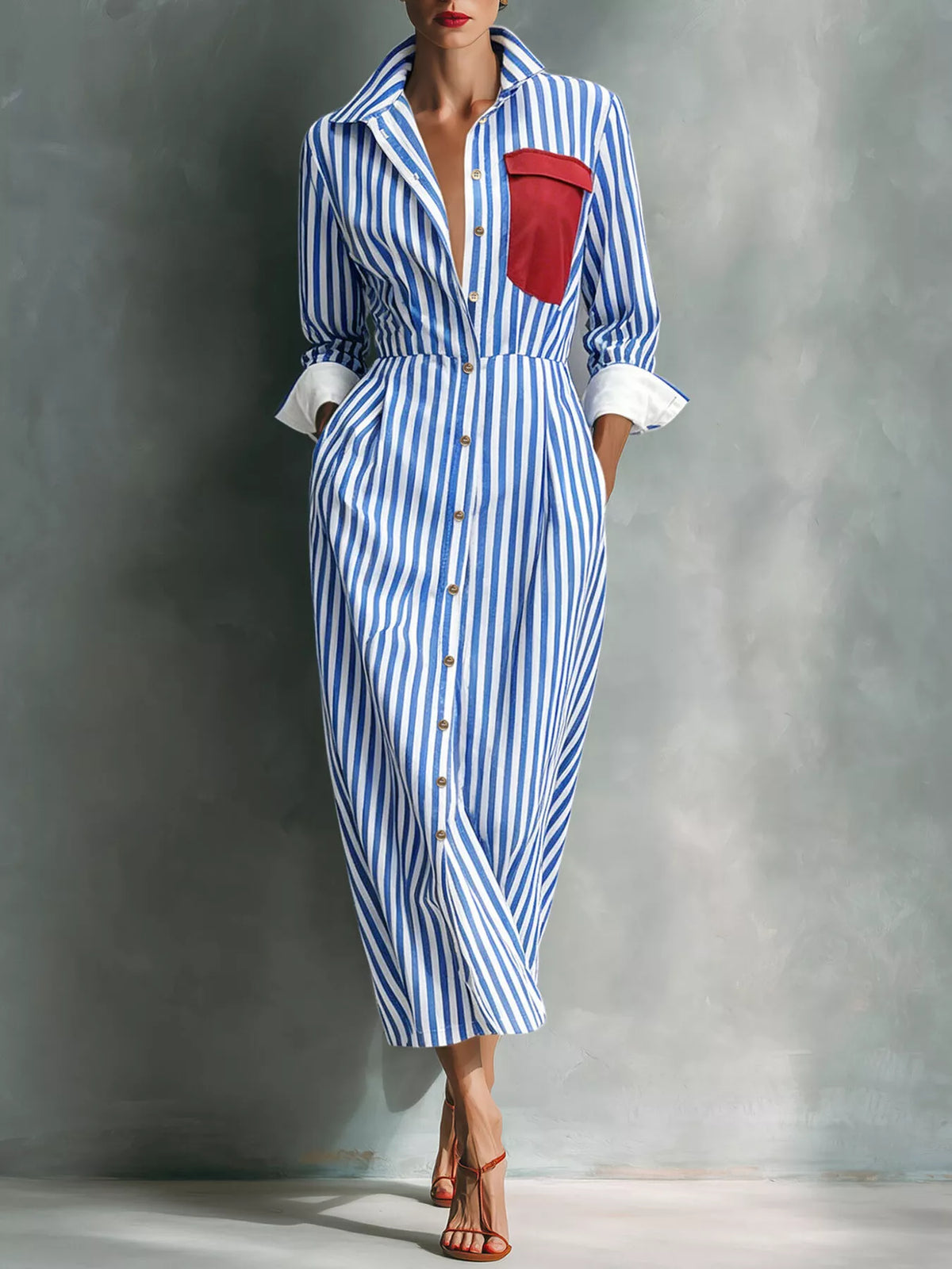 Blue and white striped shirt dress with contrast pocket, front view