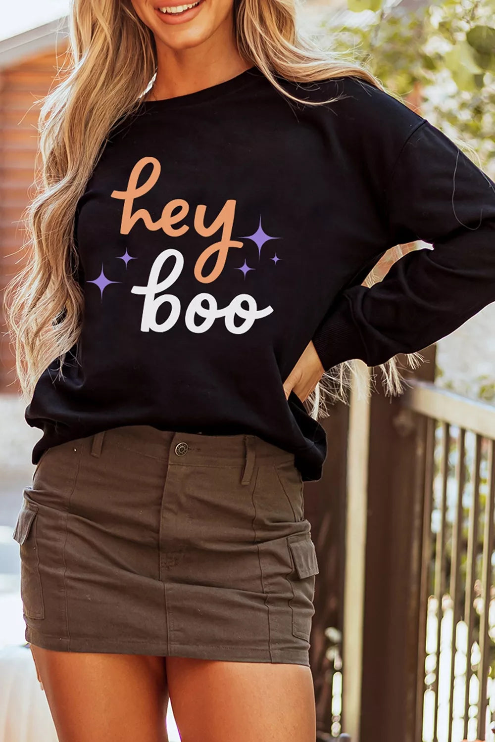 Hey Boo Halloween Sweatshirt in black, front view