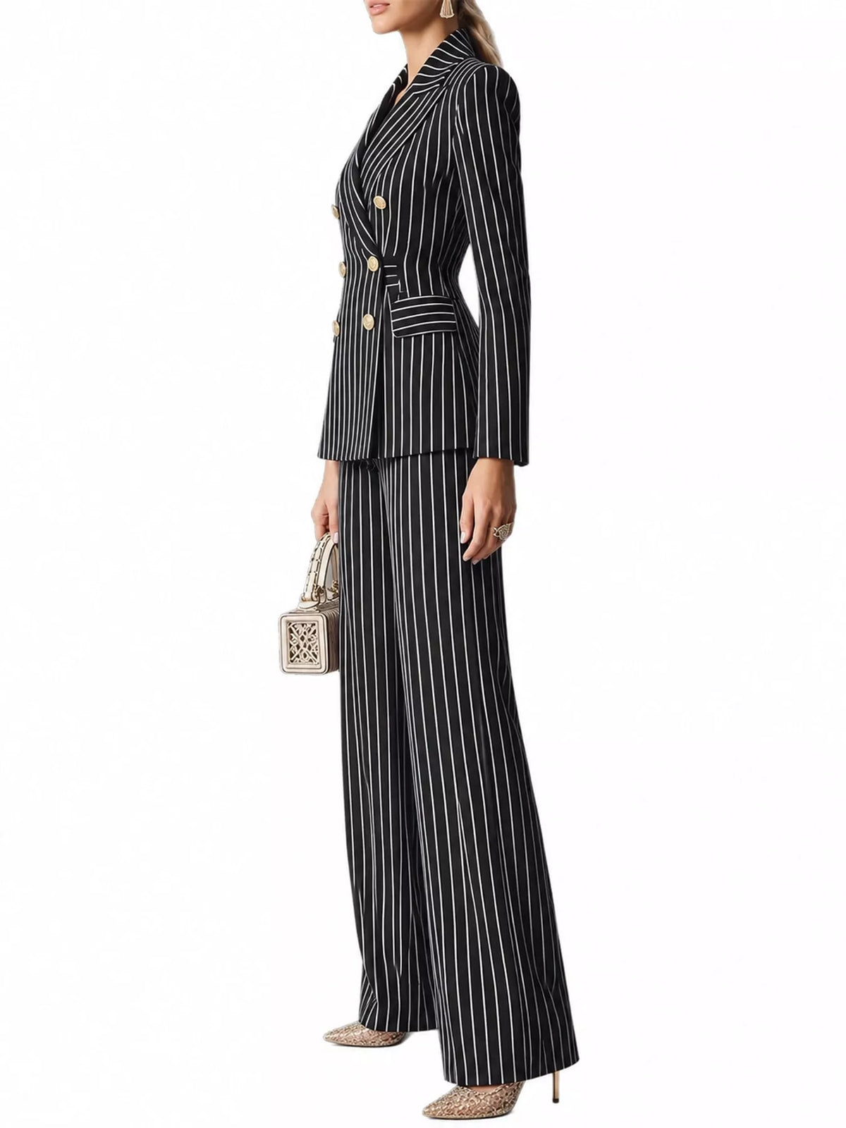 Pinstripe pantsuit, black suit side