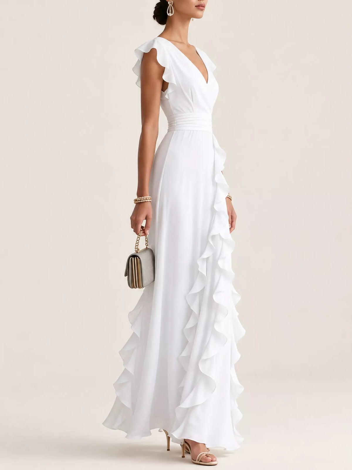 White ruffled surplice maxi dress, side view