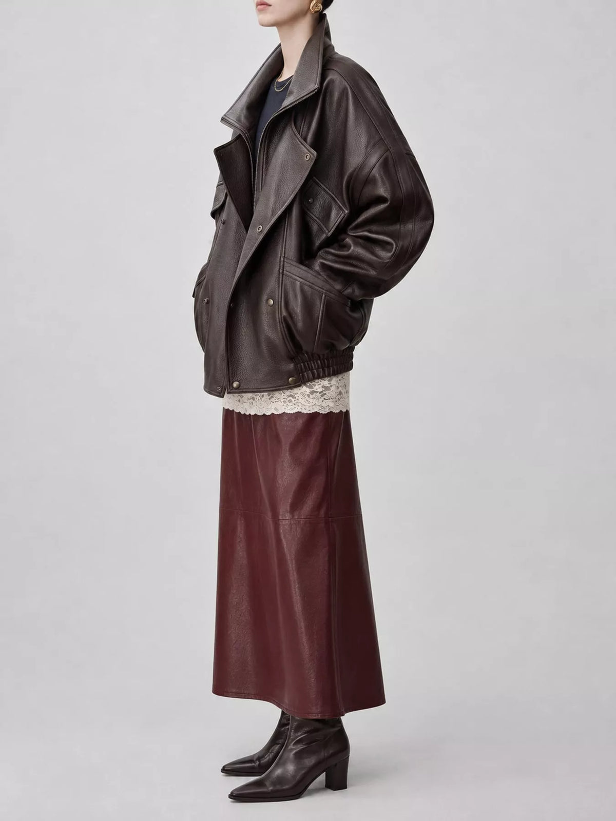 Snap Down Leather Jacket in dark brown, side view
