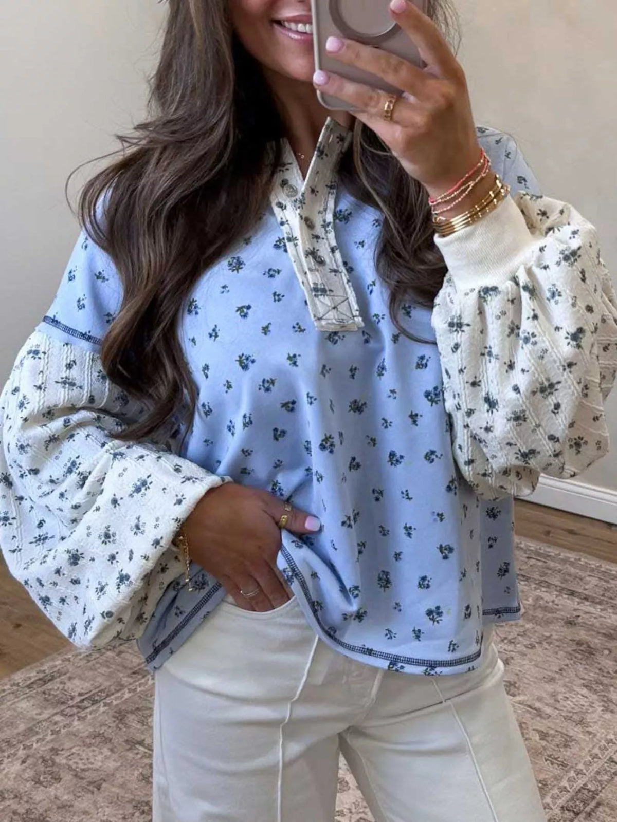 Floral Contrast Long Sleeve Top, front view