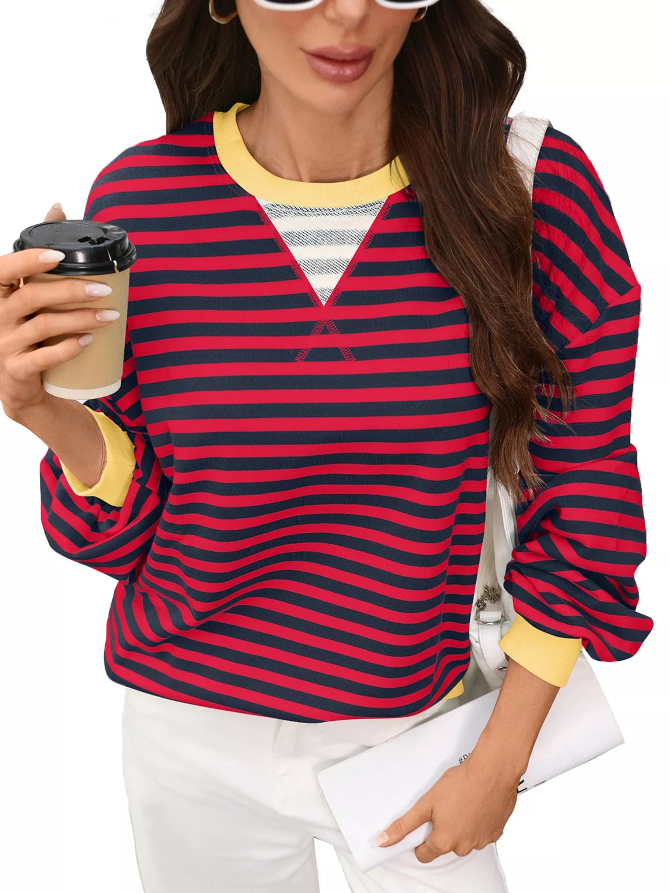 Trendsi Contrast Trim Striped Crew Neck Sweatshirt -