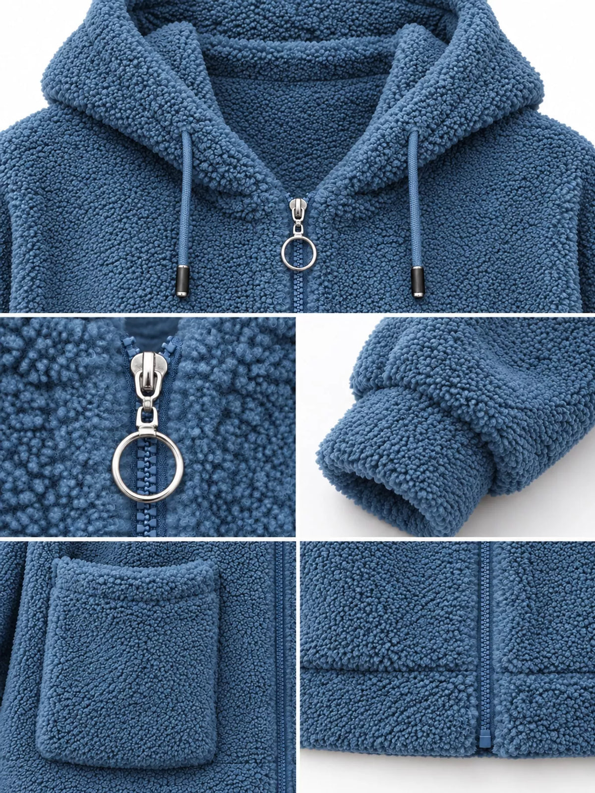 Blue fleece zip-up hoodie with pockets