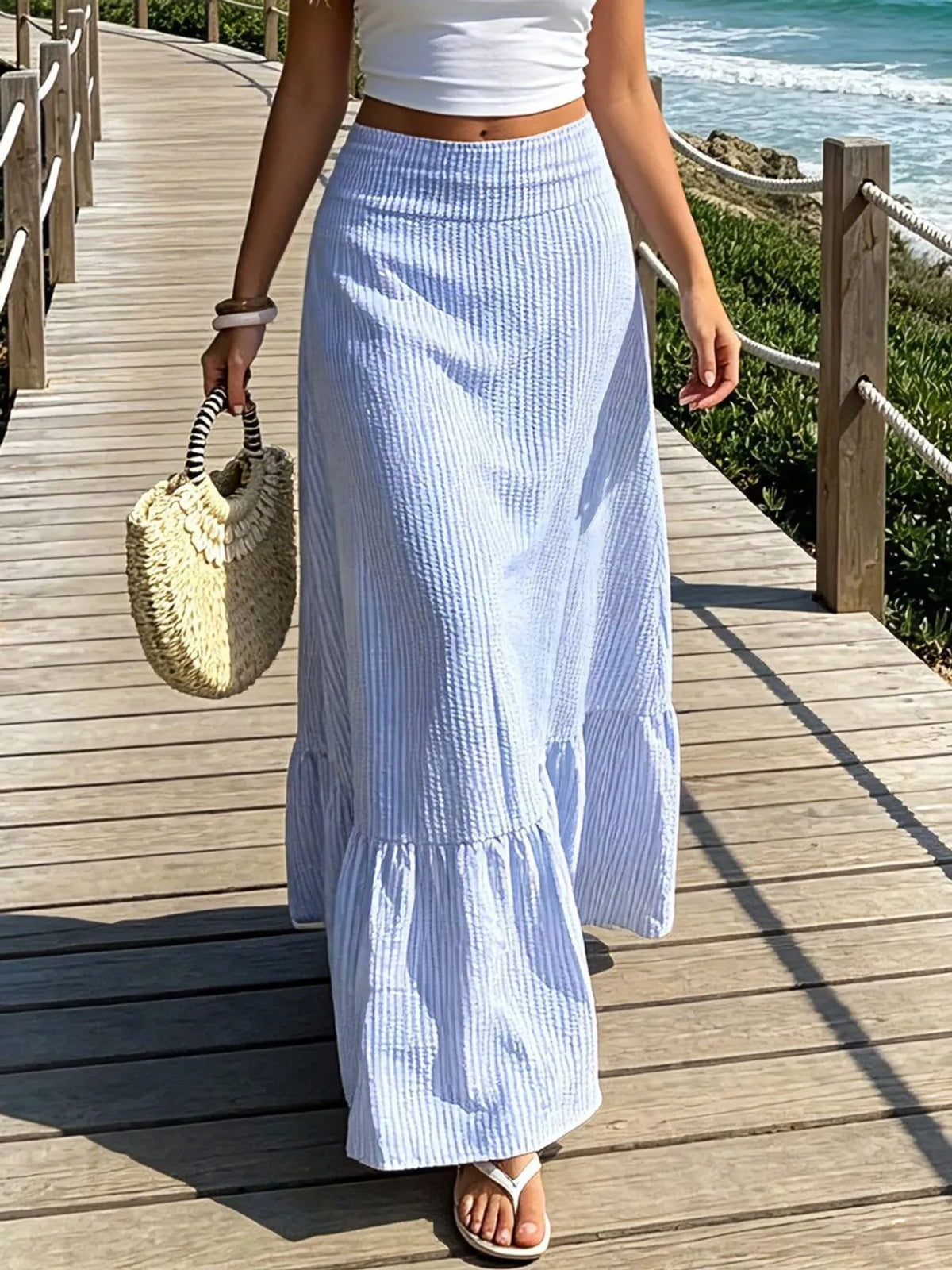 Blue gingham maxi skirt with ruffled hem
