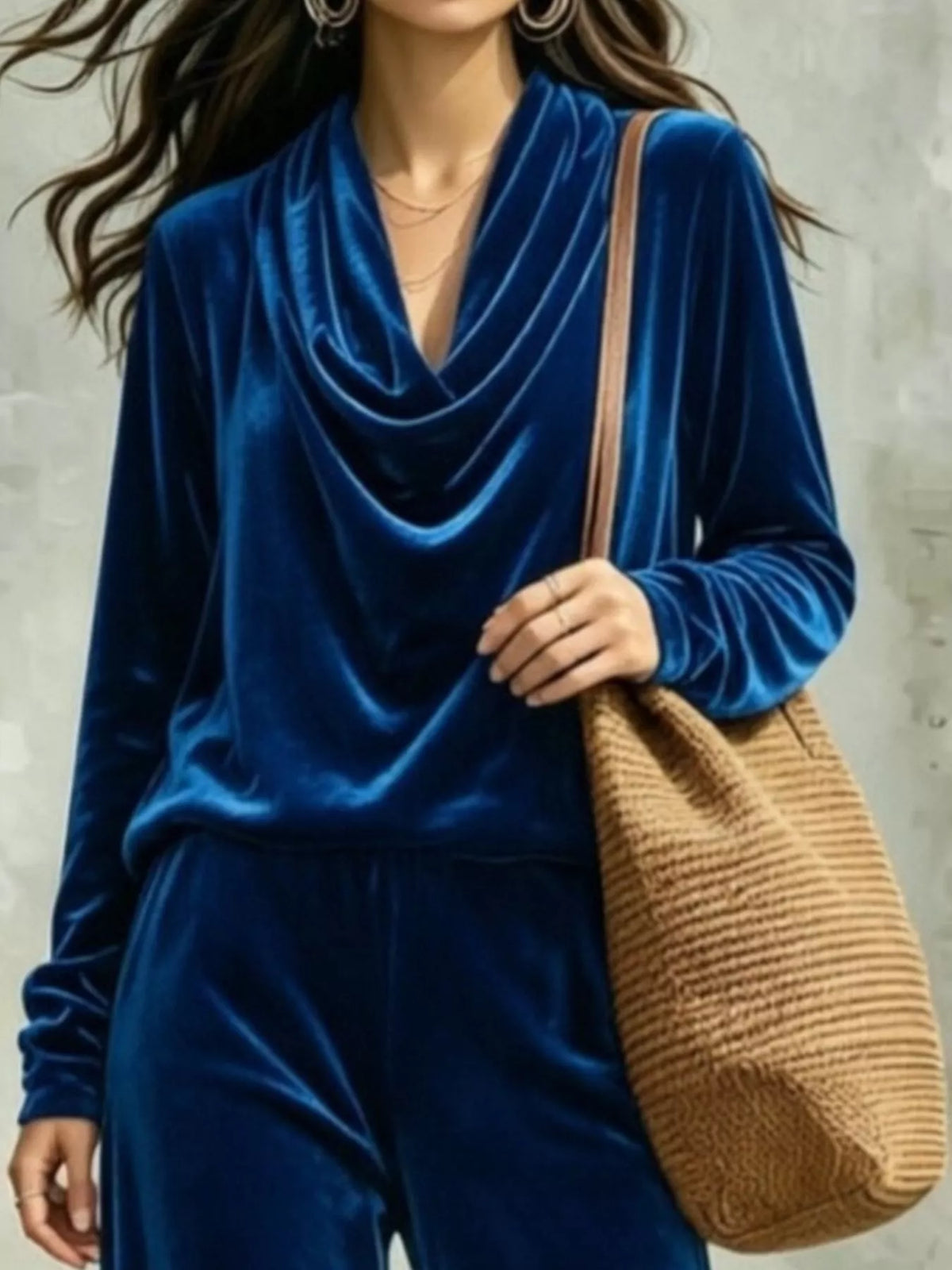 Blue velvet cowl neck top and pants set, cowl neck detail