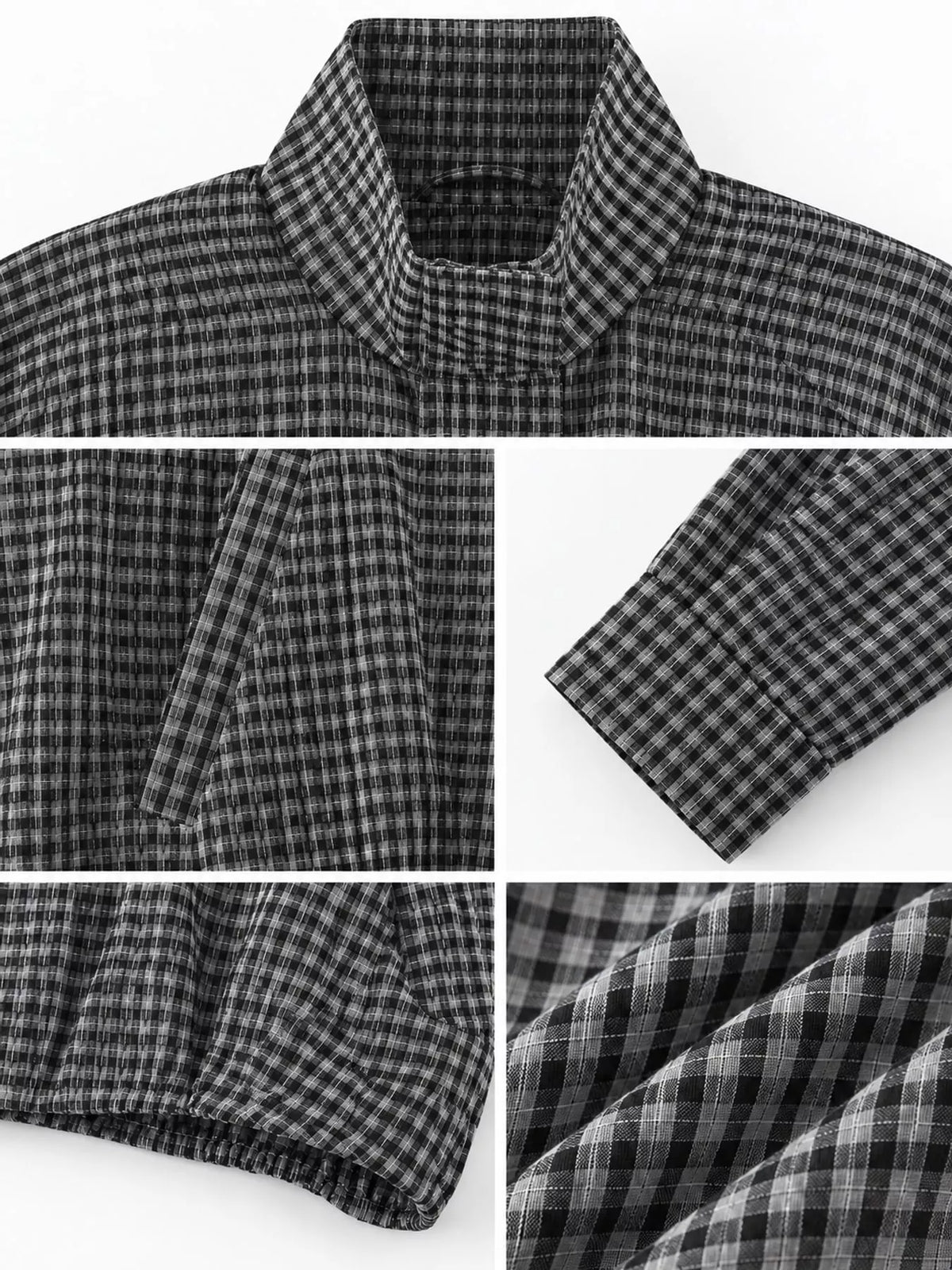 Black And Gray plaid stand-collar cropped jacket, detail view
