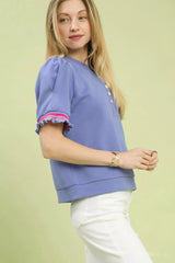 Trendsi Umgee Puff Sleeve Button Front Top with Contrast Trim -