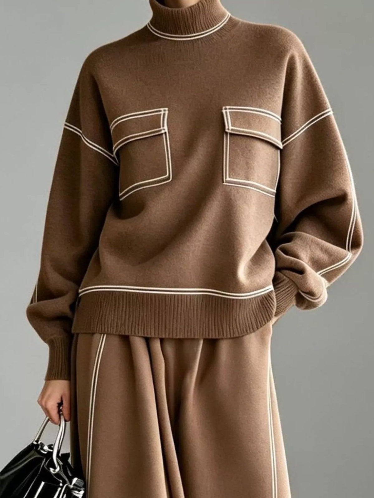 Sweater and skirt set, brown top detail