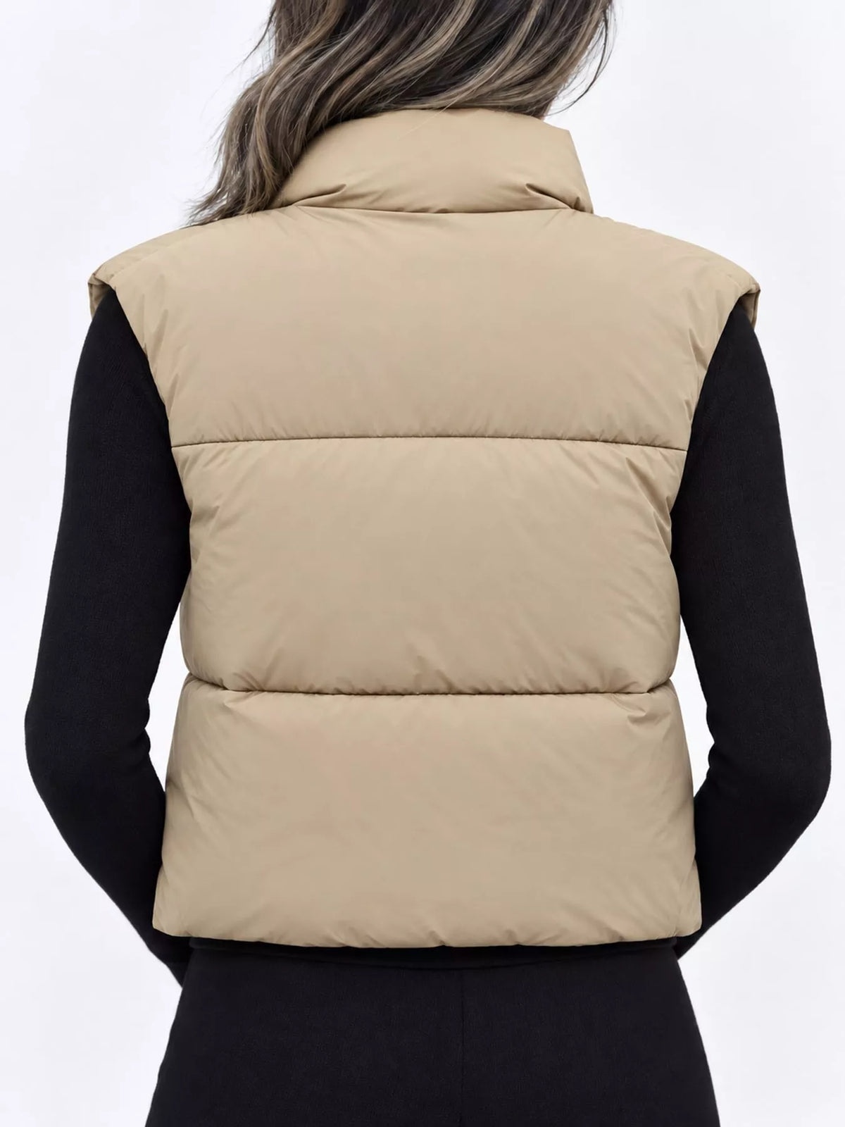 Cropped Zip-Up Puffer Vest in khaki, back view