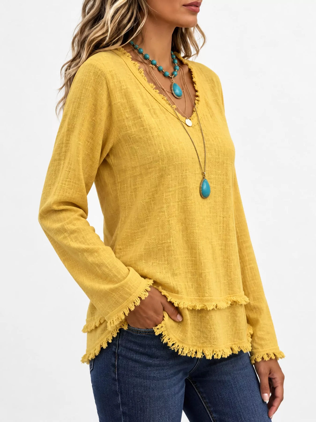 Frayed V-neck blouse, yellow side