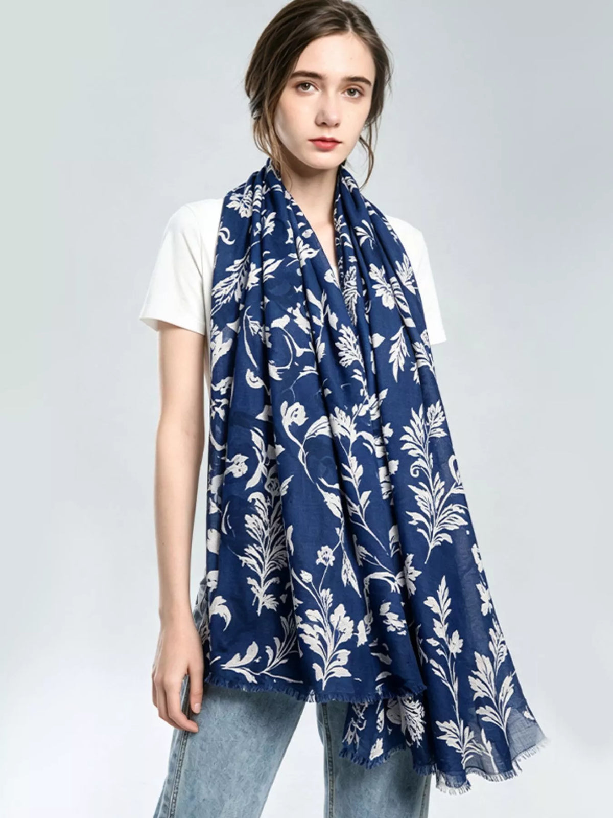 Botanical Print Fringed Scarf, shown worn