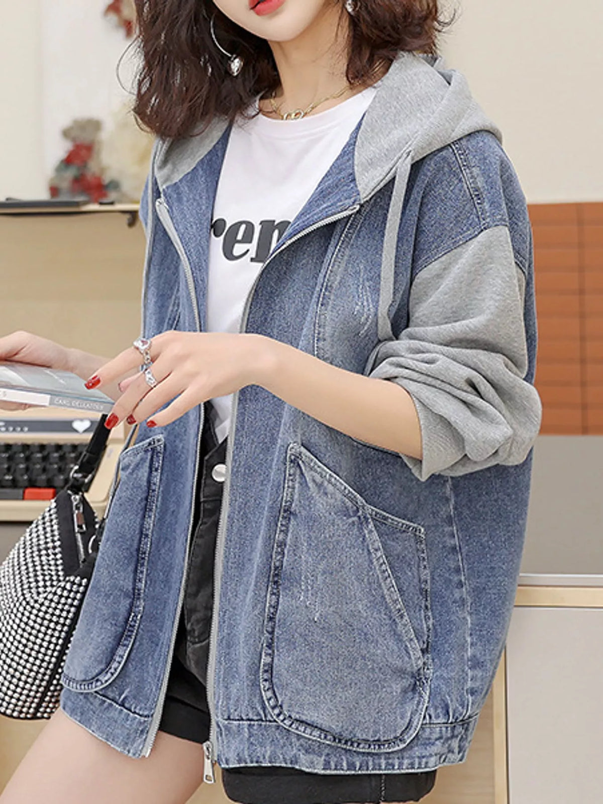 Zip-Up Hooded Denim Jacket — side view