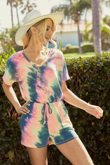 Trendsi BiBi Tie Dye French Terry V-Neck Romper with A Hole and Side Pocket and A Drawstring -