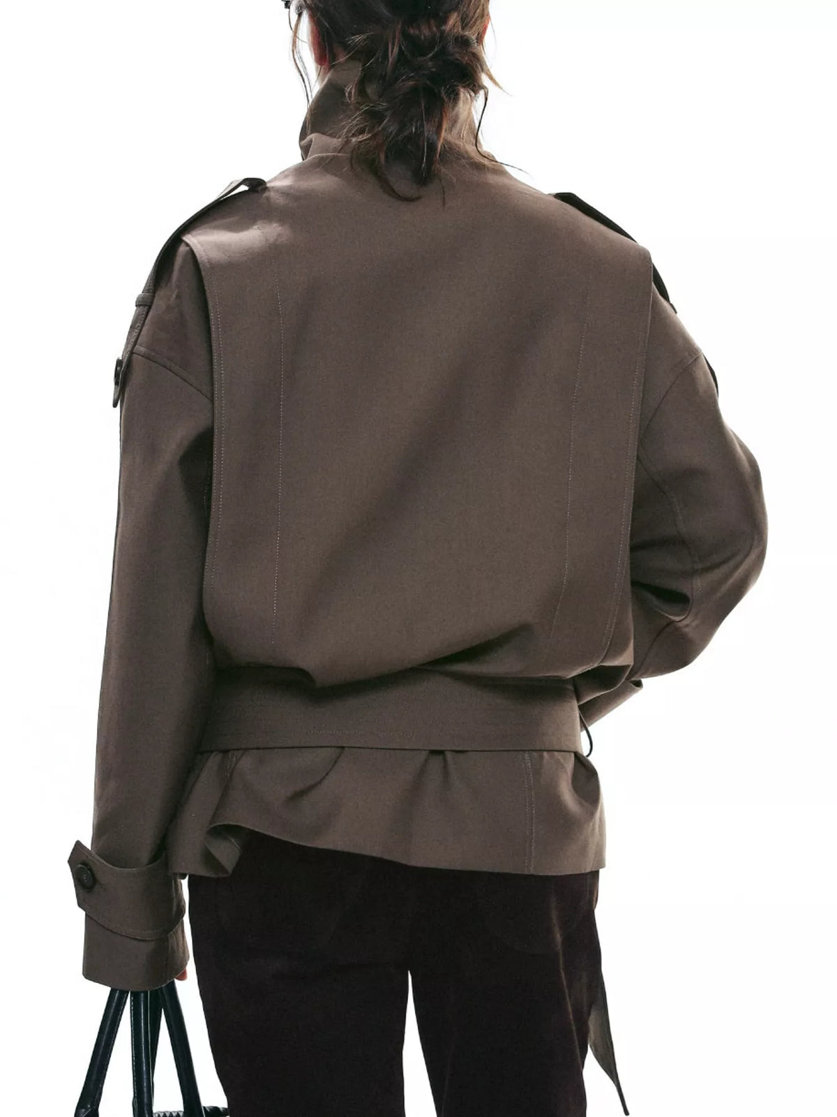 Women's Belted Waist Button Up Trench Jacket in brown — back view