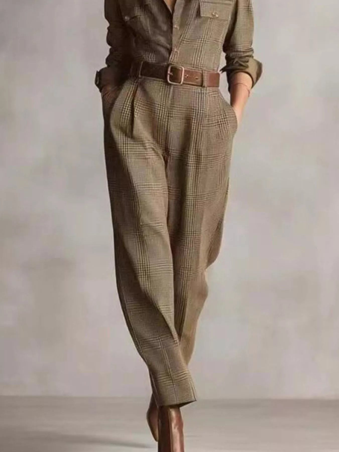 Trendsi Plaid Long Sleeve Button Front Jumpsuit -