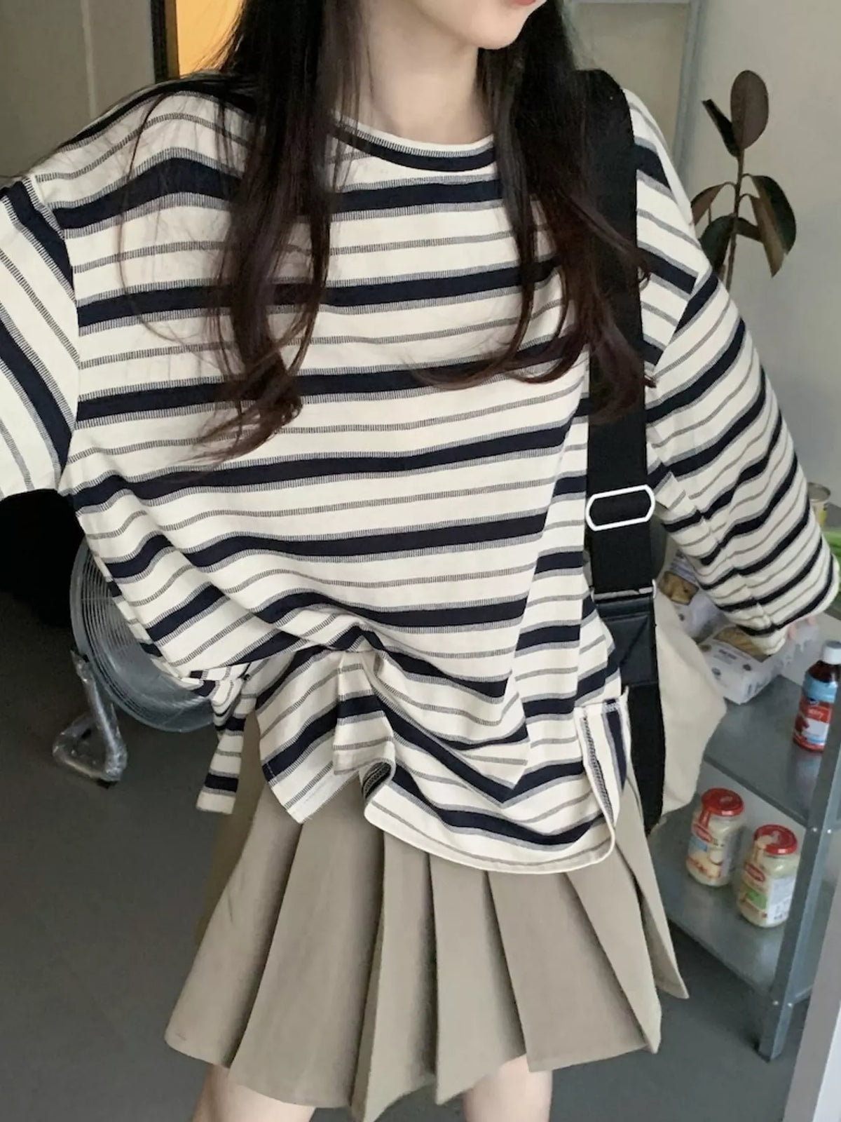 Cream and black striped oversized T-shirt, front view