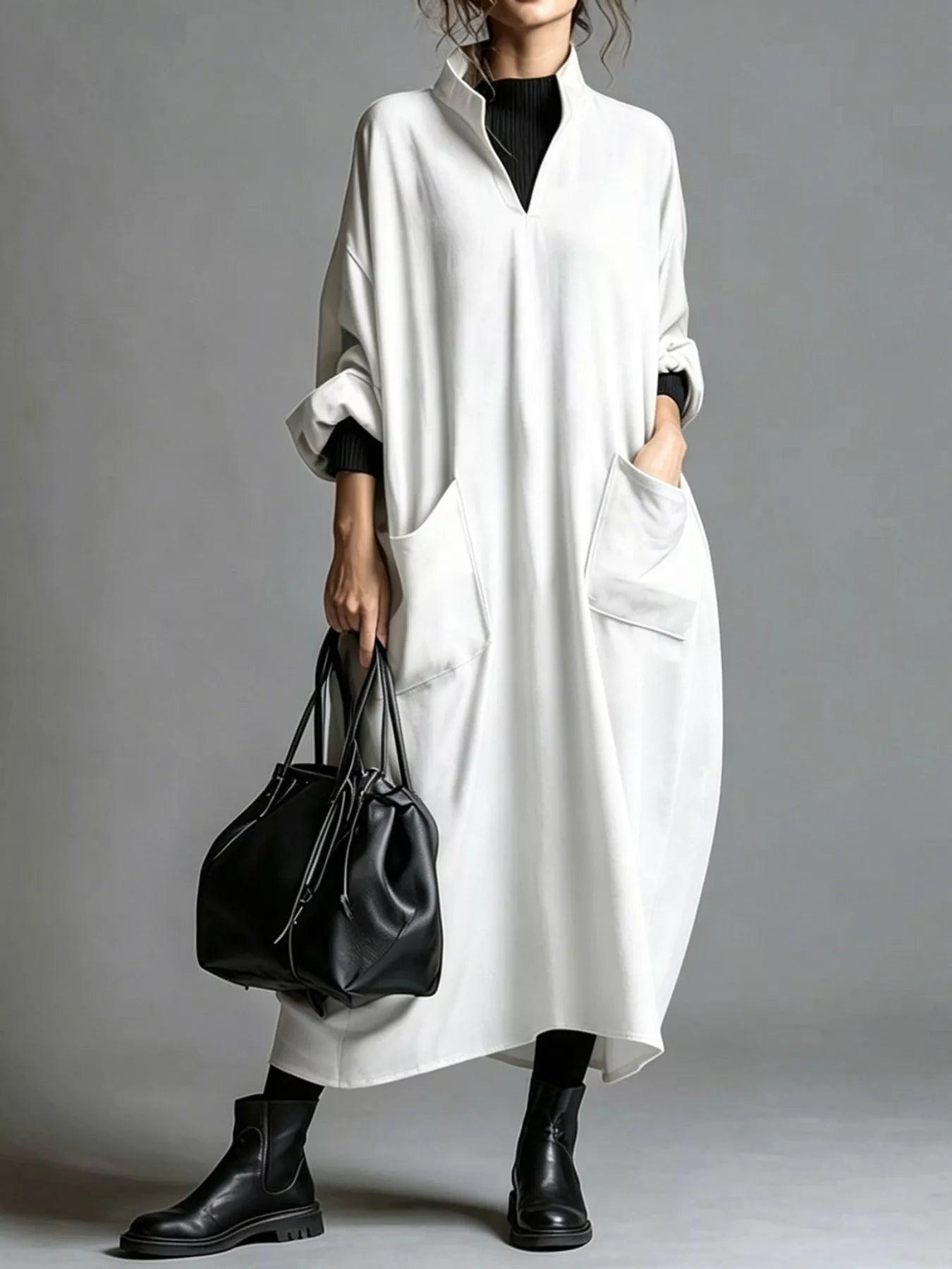 Trendsi Full Size Loose-Fit Mock Neck Midi Dress with Pockets Plus Size -