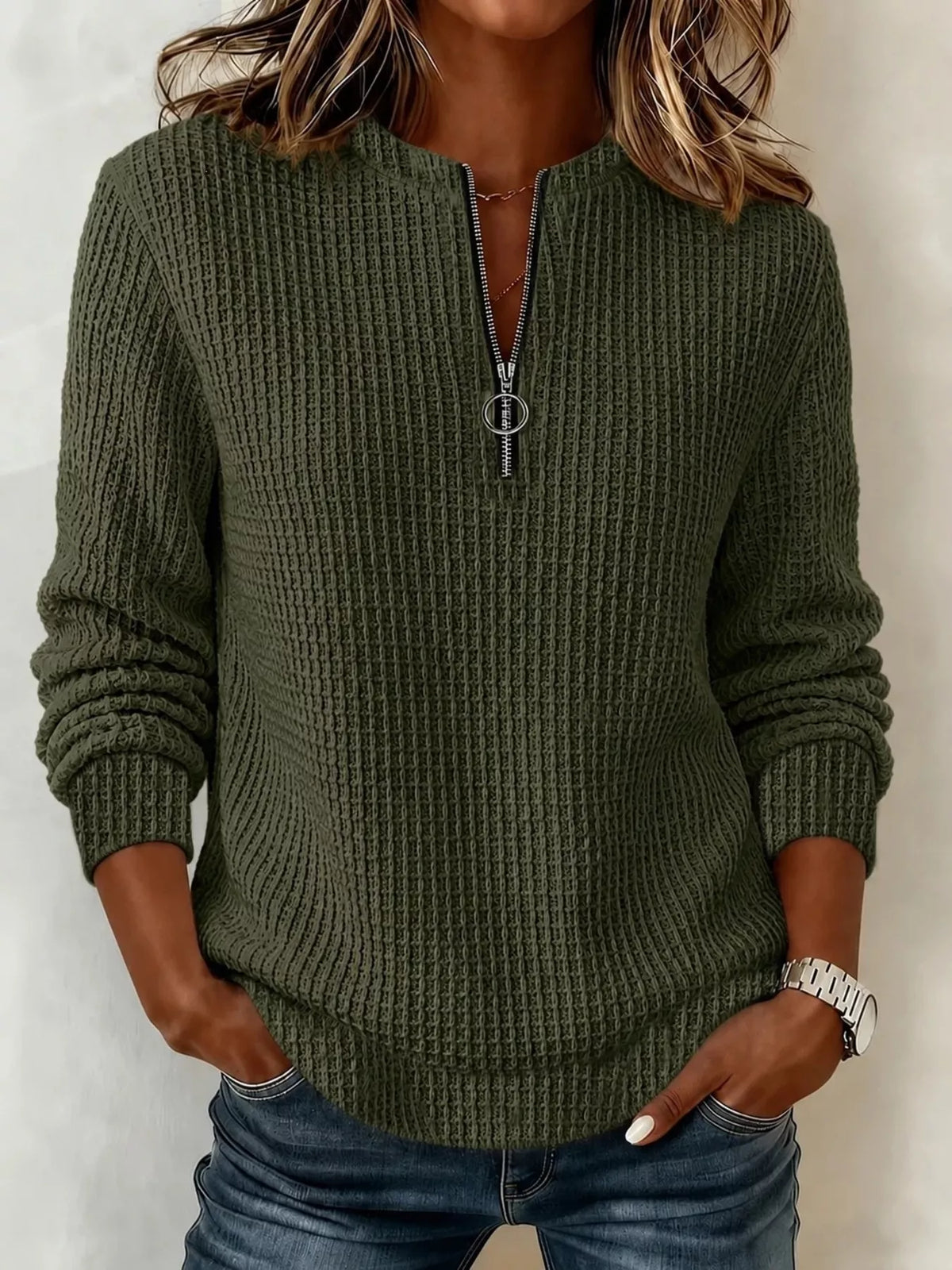 Green quarter-zip textured sweatshirt