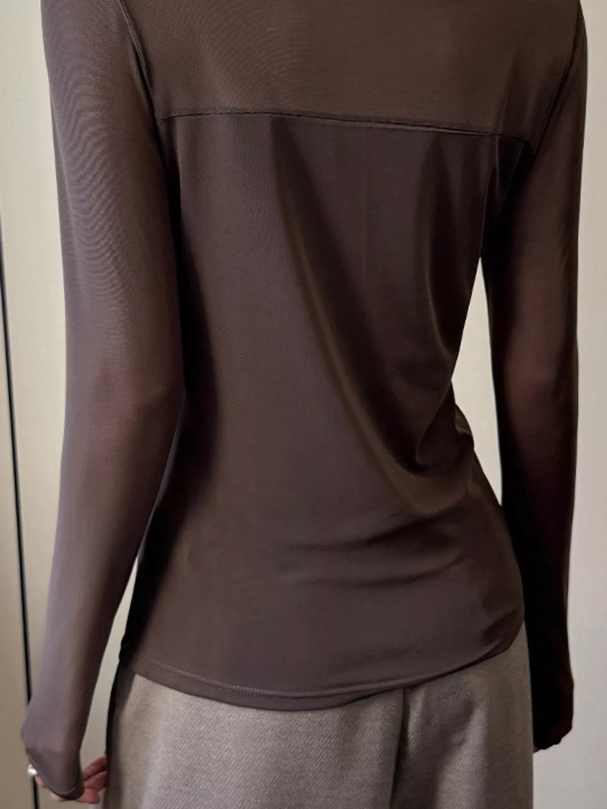Coffee sheer mesh patchwork long sleeve t-shirt, back view