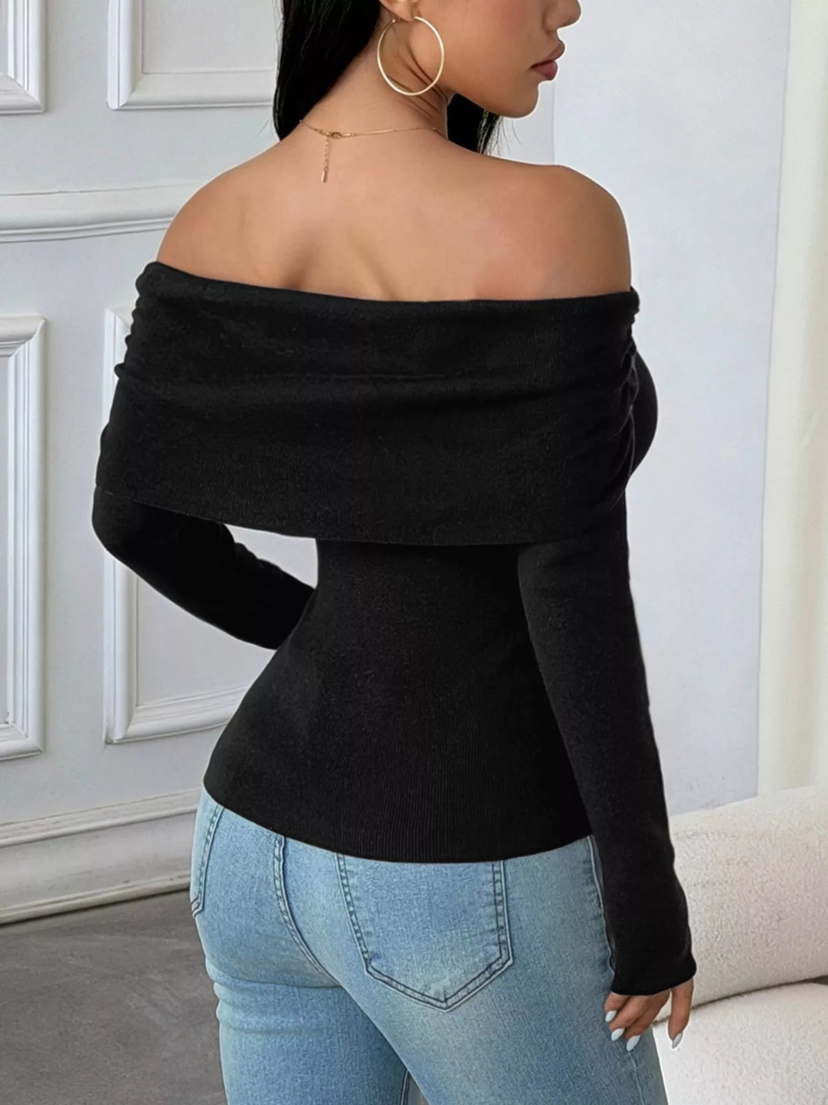 Black Off-Shoulder Slim-fit Ribbed Knit Top, back view
