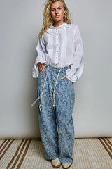 Trendsi POL Woven Lace Trim Pintuck Button-Down Shirt -