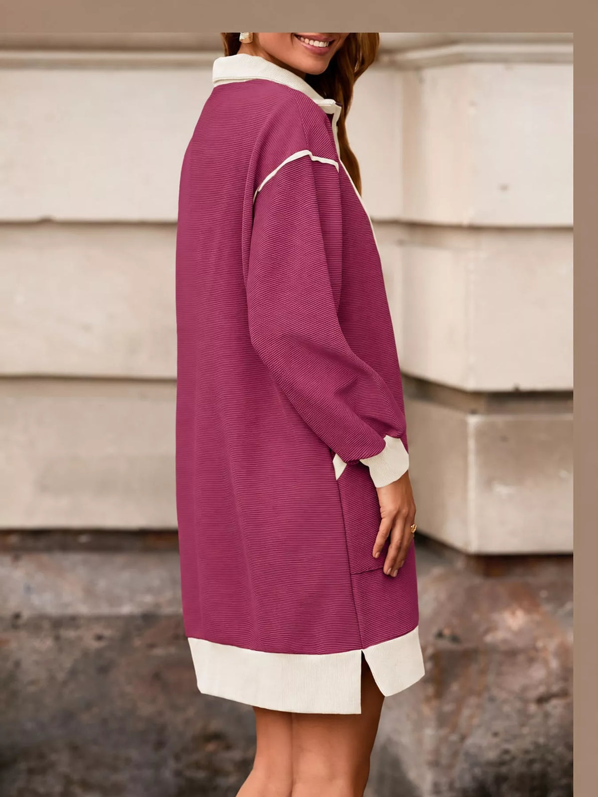 Purple color block quarter-zip sweatshirt dress — back view