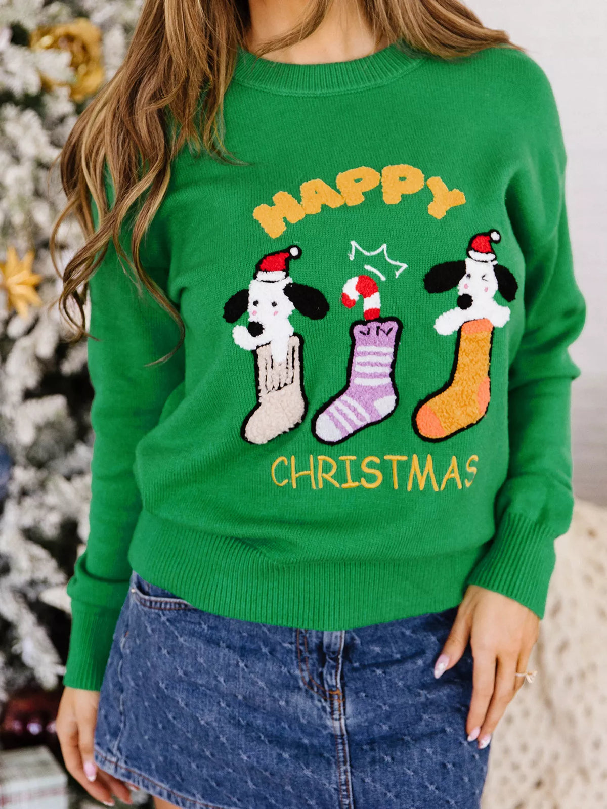 Christmas patch sweater, green stocking patches front