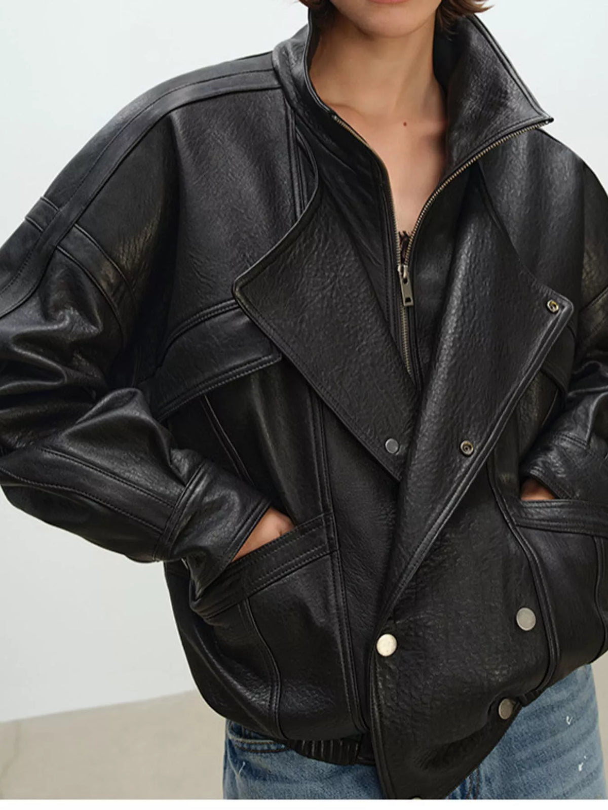 Snap Down Leather Jacket in black, front view
