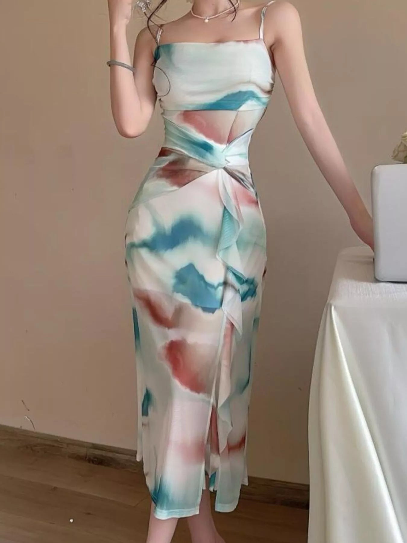 Trendsi Abstract Watercolor Print Ruched Midi Dress -